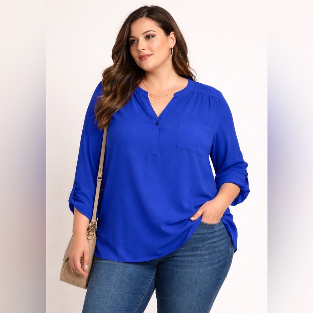 Kate & Mallory Tunic Top Blouse Button Roll Tab‎ Long Sleeve Blue XL Casual